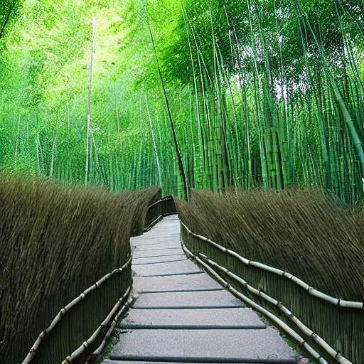 Prompt: round stone path in bamboo forest