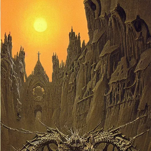 Prompt: cathedral made of bones, dragons fighting in the air, hellscape by beksinski