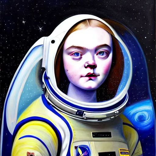 Prompt: portrait of a elle fanning wearing a spacesuit in the dark depths of space, detailed realism face in painting, detailed beautiful portrait, oil painting masterpiece, 8 k resolution, smooth, sharp focus, trending on artstation, by johannes vermeer
