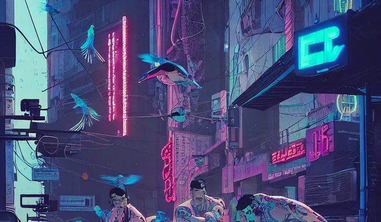 Prompt: cyborg feeding electric pigeons in front of a neon church, cyberpunk, neon noir, by Josan Gonzalez and Tomer Hanuka and Geof Darrow and Brad Rigney and Greg Rutkowski and Moebius,highly detailed, UHD, 8K, Ghost in the shell, Blade Runner, James Dean as a cyborg, wet street, Trending on artstation, bokh, dof