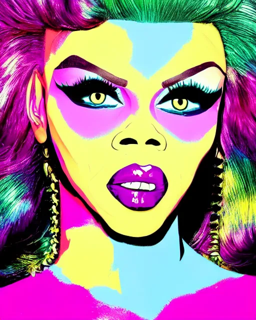 Image similar to pop art of of drag queen rupaul, portrait,, perfect lighting, famous painting