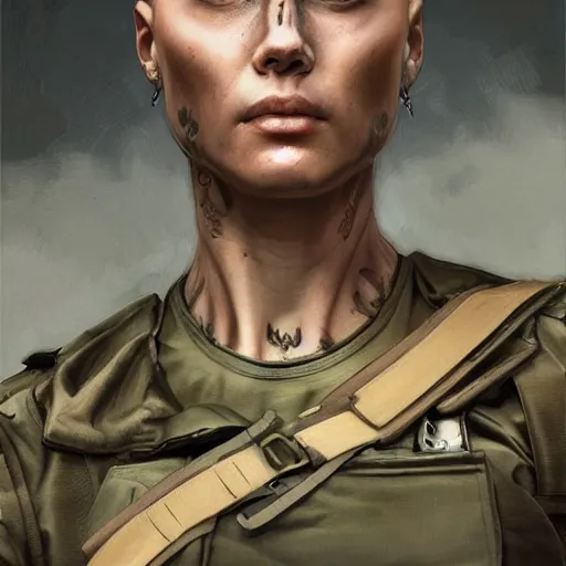 Prompt: portrait painting of a female soldier with no hair and a tattooed head, muscular upper body, wearing soldier fatigues, dystopian mood, dark fantasy, intricate, highly detailed, digital painting, artstation, concept art, smooth, sharp focus, illustration, art by artgerm and greg rutkowski and alphonse mucha