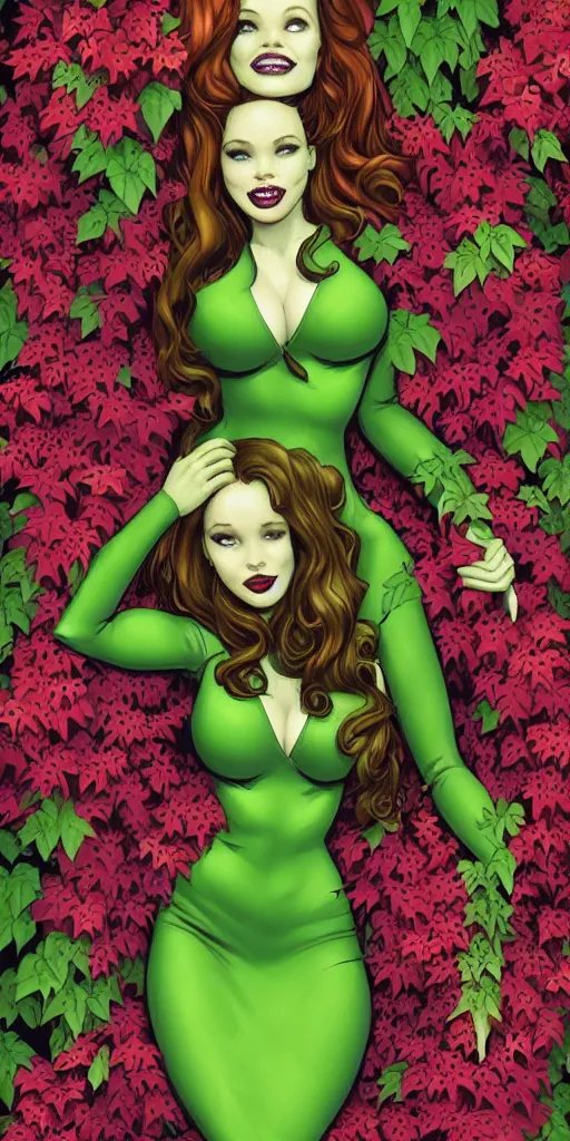 Prompt: beautiful Madelaine Petsch poison ivy DC comics, evil smile, green dress, realistic character concept, fun pose, comic book, illustration, slender symmetrical face and body, surrounded by vines flowers and plants, artstation, cinematic lighting, hyperdetailed, high resolution, Charlie Bowater, Tom Bagshaw, single face, insanely detailed and intricate, beautiful