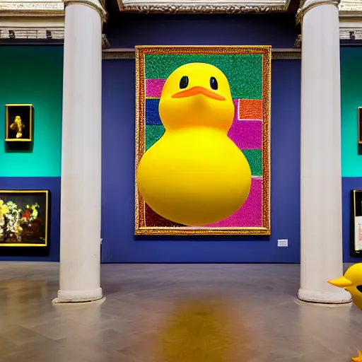 Image similar to wide shot, one photorealistic rubber duck in foreground on a pedestal in an museum gallery, british museum, the walls are covered with colorful geometric wall paintings in the style of sol lewitt, tall arched stone doorways, through the doorways are more wall paintings in the style of sol lewitt.