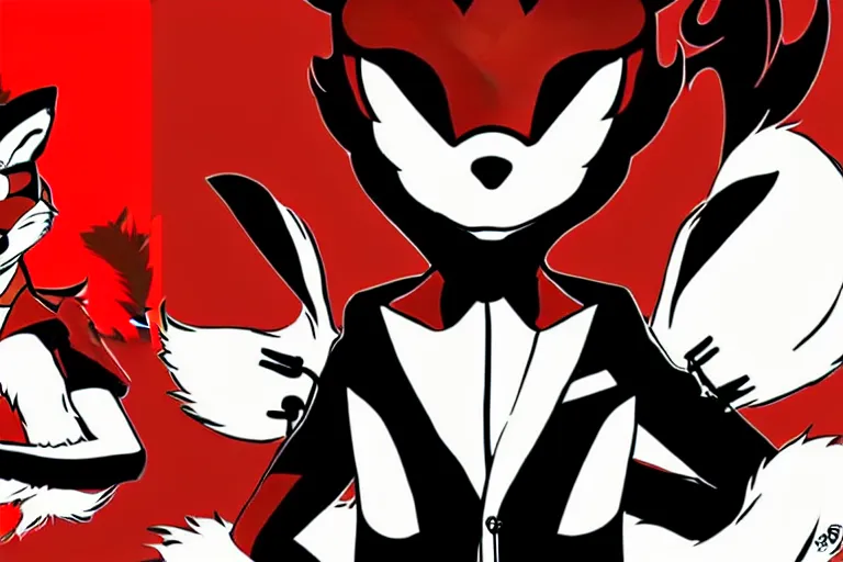 Image similar to a furry tan male fox on a persona 5 : royal ( by atlus ) video game splash screen, a furry male sandcolored tan fox fursona ( has hair ), persona 5 phantom thief style