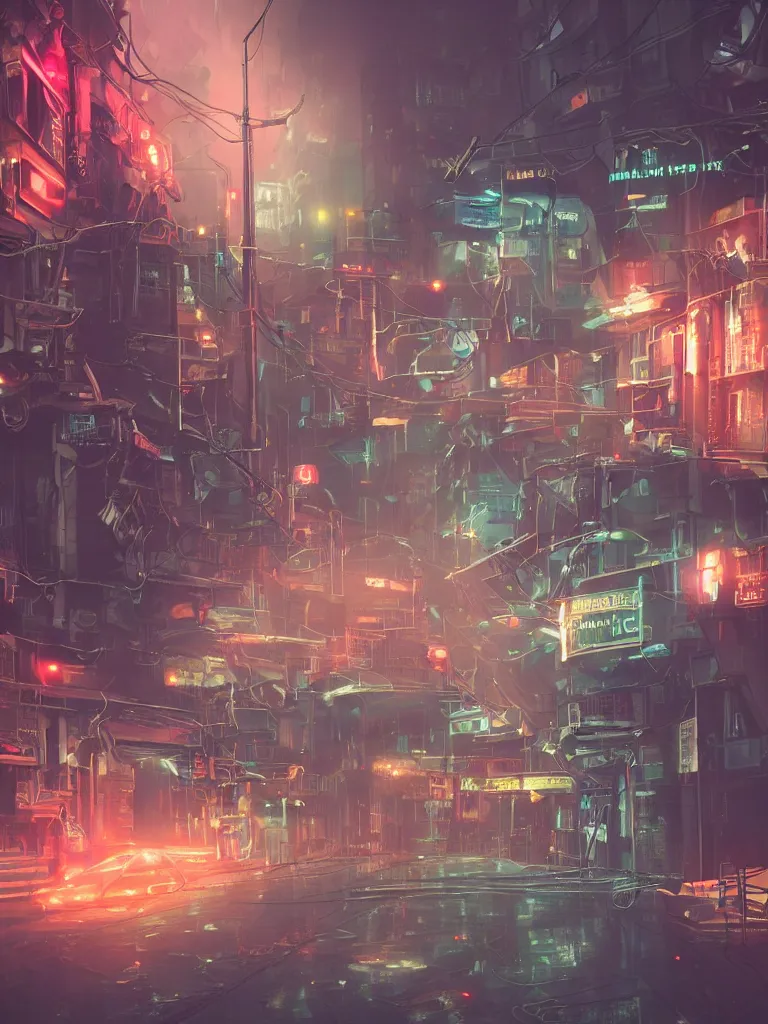 Prompt: futuristic dieselpunk street, cable stone ground. lots hanging cables, tiny wires on the ground. narrow, garbage on the ground. rain. fog, haze, evening. led screens. neon signs. golden hour. volumetric lighting. cables on the ground. very messy. futuristic. photorealistic. artstation. anime. studio gimbli style