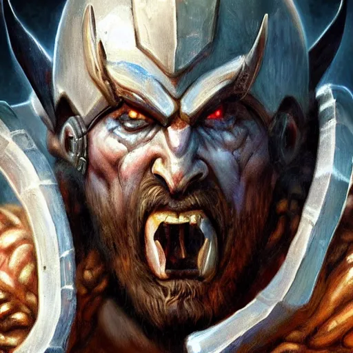 Prompt: a barbarian from diablo in heavy armor, artstation hall of fame gallery, editors choice, # 1 digital painting of all time, most beautiful image ever created, emotionally evocative, greatest art ever made, lifetime achievement magnum opus masterpiece, the most amazing breathtaking image with the deepest message ever painted, a thing of beauty beyond imagination or words