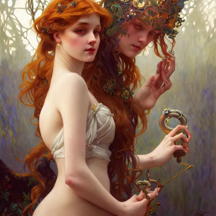 Image similar to Lyra and her dæmon, LSD, diffuse lighting, fantasy, intricate, elegant, highly detailed, lifelike, photorealistic, digital painting, artstation, illustration, concept art, smooth, sharp focus, art by John Collier and Albert Aublet and Krenz Cushart and Artem Demura and Alphonse Mucha