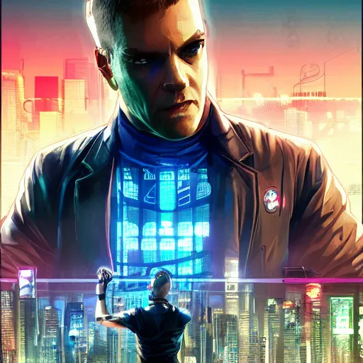 Image similar to Cyberpunk netrunner linked to the net, detailed, GTA V poster