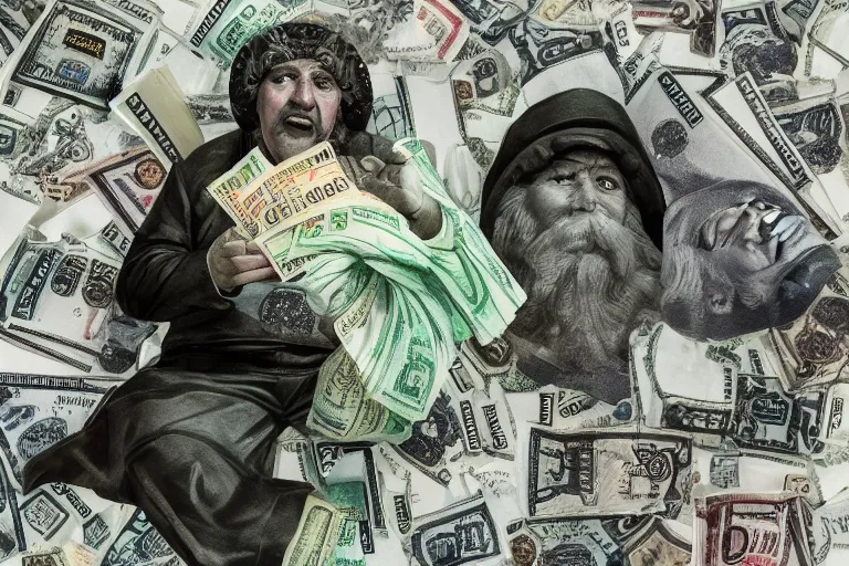 Image similar to a greedy man, sitting on a throne of money, studio photography, 3 5 mm lens, digital art, 8 k