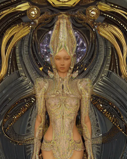 Image similar to a highly detailed metahuman 4 k close up render of an alien goddess bella hadid monument buddha in iris van herpen dress schiaparelli in diamonds crystals swarovski and jewelry iridescent in style of alphonse mucha gustav klimt trending on artstation made in unreal engine 4