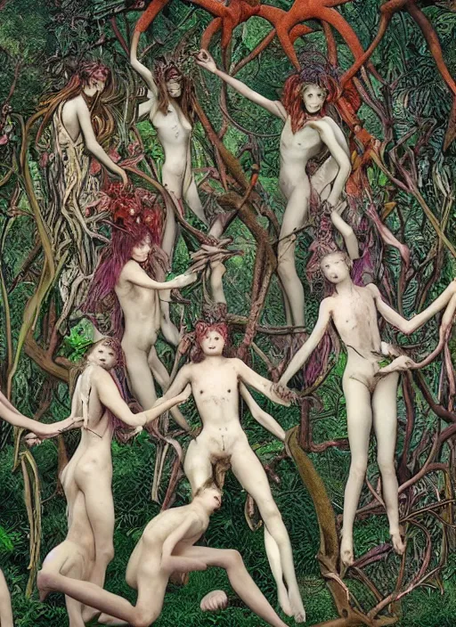 Prompt: photo of a pagan nymphs dancing with imps and demons and goats having a profound lifechanging psychedelic experience in a deep thorns bones bloody forest , by and Austin Osman Spare and Takato Yamamoto and Vania Zouravliov, high resolution, rendered in octane 3d