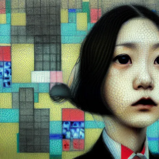 Image similar to yoshitaka amano blurred and dreamy realistic three quarter angle portrait of a young woman with short hair and black eyes wearing office suit with tie, junji ito abstract patterns in the background, satoshi kon anime, noisy film grain effect, highly detailed, renaissance oil painting, weird portrait angle, blurred lost edges