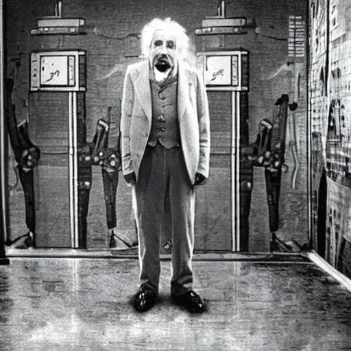 Image similar to einstein standing alone in a scifi city, robots, photograph