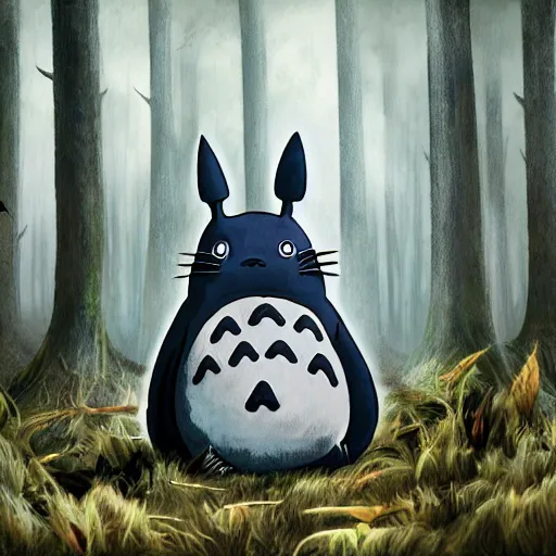 Image similar to totoro with black metal paint in the face, a drummer, electric guitar, dead people around, in the middle of the forest, fantasy digital art, wow, stunning, ghibli style, hight quality