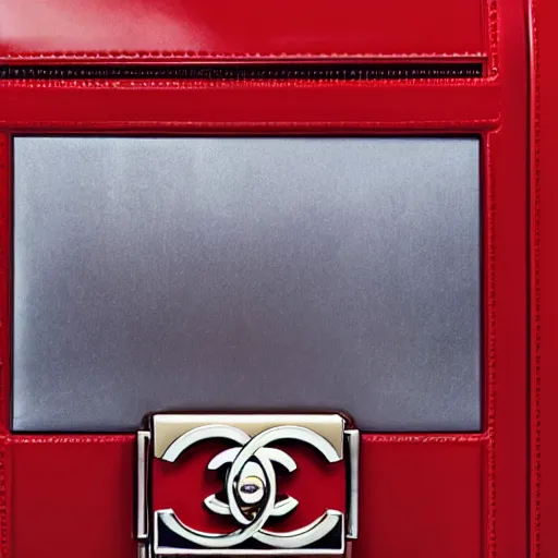 Image similar to a red luxury handbag in year 3000, art-deco style, in entrance hall of an art-deco skyscaper, photography , official chanel editorial , highly detailed