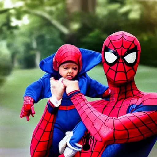 Image similar to realistic photo of spiderman holding baby wearing spiderman costumes