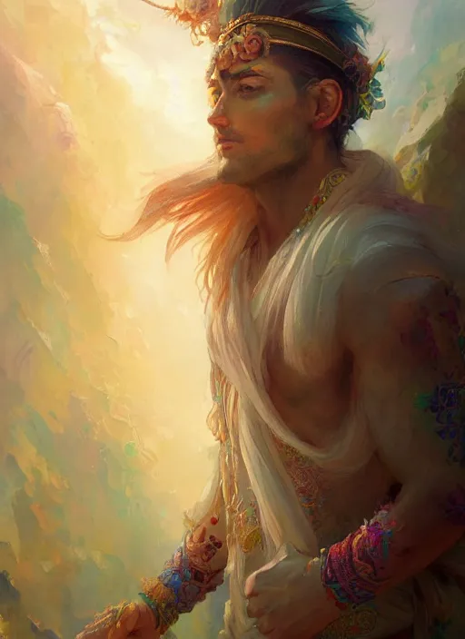 Image similar to a beautiful detailed painting of a gypsy male bard in colorful rainbow firion ornate robes robes, pale skin, white hair, master of dreams art by jon foster trending on artstation painted by greg rutkowski, painted by peter mohrbacher