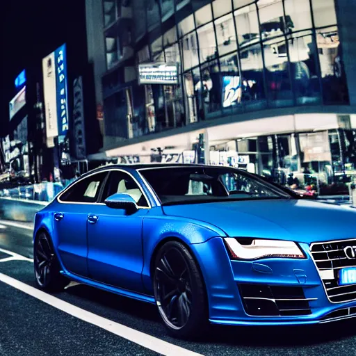 Image similar to photo of a dark - blue audi a 7 sportsback designed by aaple at night driving fast through a shibuya, cinematic, 4 k, long exposure photography, tokyo drift, fast and furious, kodak portra 4 0 0
