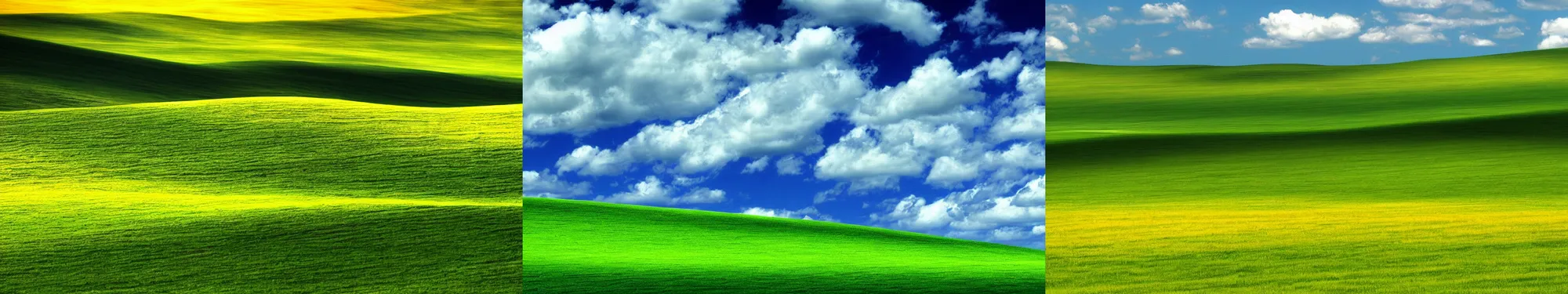 Prompt: Windows xp bliss wallpaper but something is off