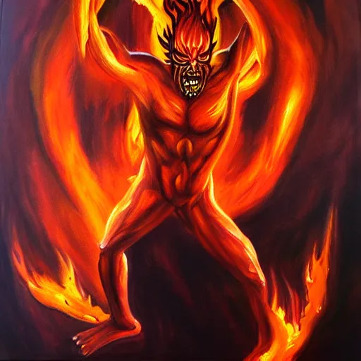 Image similar to fire demon eat human, oil painting