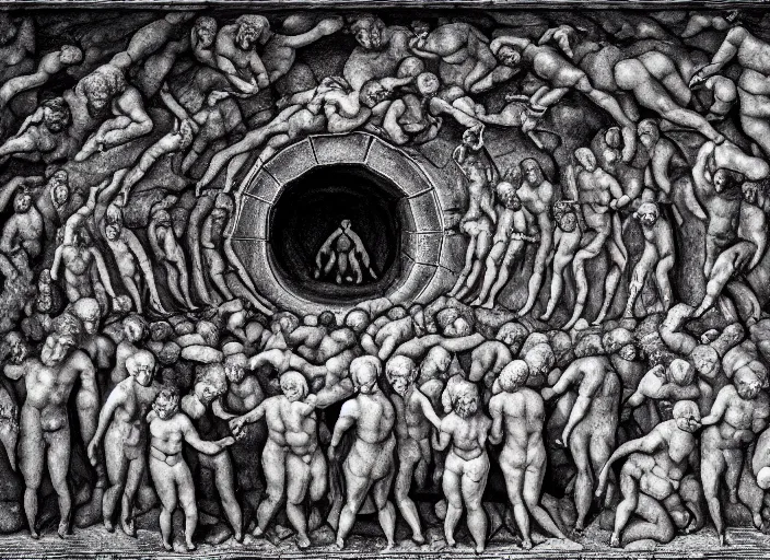 Image similar to crowd of people, water portal to hell located in heaven, photorealistic, rule of thirds, 4 k, alvah angelrune, michelangelo, colorfull