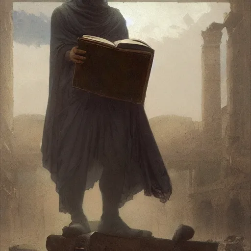 Image similar to half portait of magican wearing a closed cowl and big old book! chained to the wrist, jeremy mann, jean leon gerome, tiepolo, alphonse mucha, greg rutkowski, face in the shadows, ( ( ruins of ancient rome ) ), at dusk, mysterious atmosphere, sunrays, dof, high detailed, 8 k