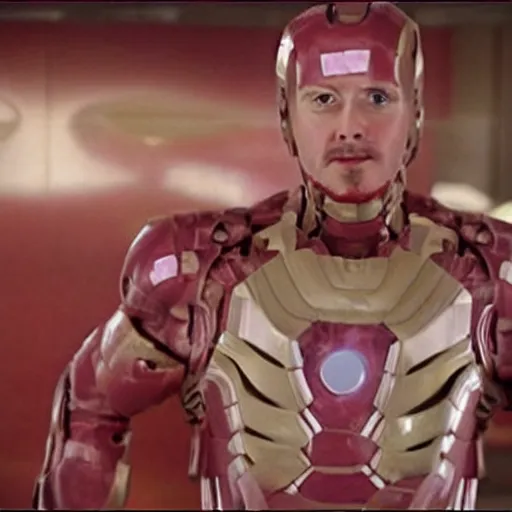 Image similar to a deli meat ham slices suit that resembles ironman, covered with slices of ham, movie still, 8 k