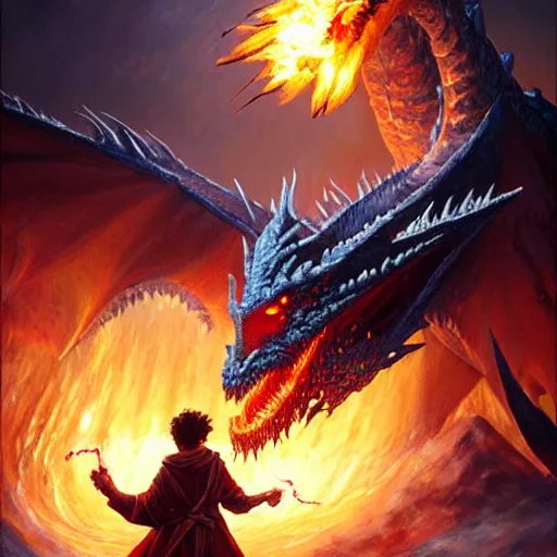 Image similar to A highly detailed, fantasy oil painting by Greg Rutkowski of a sorcerer casting a fireball spell against a huge ancient ice dragon