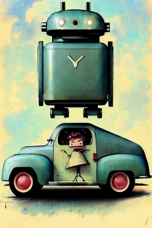 Image similar to ( ( ( ( ( 1 9 5 0 s retro future android robot delivery truck. muted colors., ) ) ) ) ) by jean - baptiste monge,!!!!!!!!!!!!!!!!!!!!!!!!!