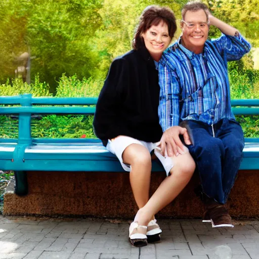 Prompt: a couple sitting on a park bench, airbrush