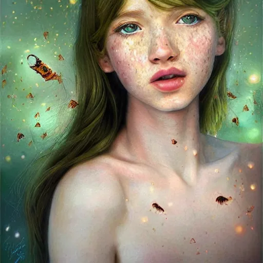 Image similar to a highly detailed, hyper realistic, portrait with torso of a red haired young woman, among wonderful golden fireflies, long hair, green eyes, hint of freckles, round gentle face, cheeky smile, white romantic dress with intricate details, deep focus, elegant, digital painting, smooth, sharp, golden ratio, illustration, art by artgerm and caravaggio