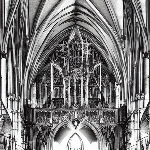 Image similar to a gothic cathedral crossed with a battleship flying through space with laser cannons and rocket engines