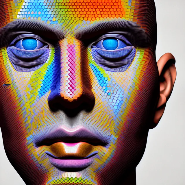 Prompt: a man's face with a multicolored mosaic pattern on it, an ultrafine detailed painting, trending on zbrush central, generative art, low poly, zbrush, behance hd, ethereal