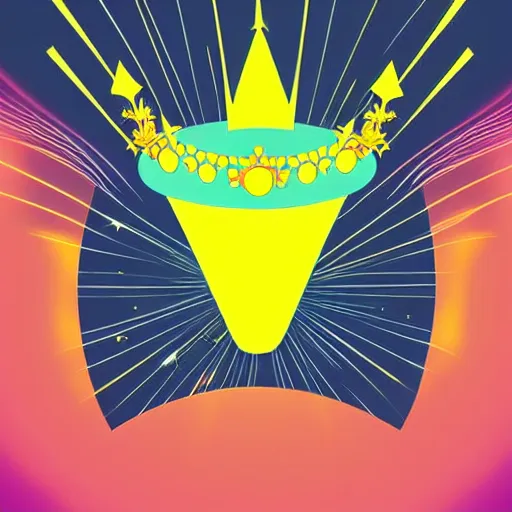 Prompt: a glowing minimal elegant crown sitting on a table with one large beautiful eye on top of it like a jewel, stars on top of the crown, night time, vast cosmos, geometric light rays exploding outwards into stars, bold black lines, flat colors, minimal psychedelic 1 9 5 0 s poster illustration