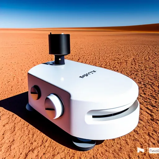 Image similar to sleek white industrial drone, with googly eyes, for monitoring the australian desert, XF IQ4, 150MP, 50mm, F1.4, ISO 200, 1/160s, dawn, golden ratio, rule of thirds