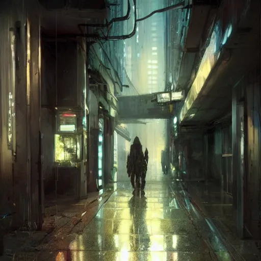 Image similar to doorway, empty sidewalk of a cyberpunk megacity, dramatic lighting, detailed background, gorgeous view, realistic, high detail, depth of field, lightrays, atmospheric, digital art, painted by greg rutkowski, painted by jeremy mann, trending on artstation