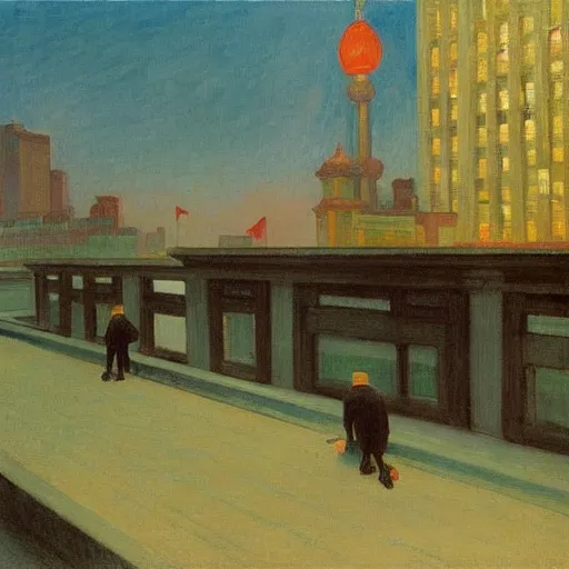 Image similar to a small rooftop with company of people sitting, shanghai bund is on the background, night, by edward hopper