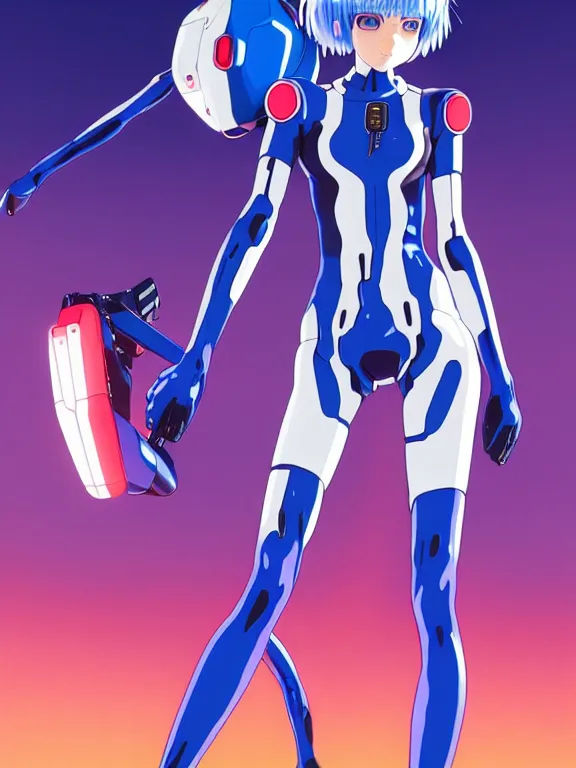 Image similar to a fullbody portrait of rei ayanami on a motorcycle, evangelion neon genesis : : blue hair, wearing a plug suit, skintight, standing on top of an eva : : by ilya kuvshinov, rossdraws, artgerm, sola digital arts, anti aliasing, raytracing : :