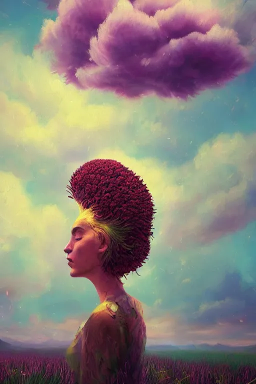 Prompt: closeup, giant flower head mohawk, woman in heather field, surreal photography, starlight, storm clouds, impressionist painting, digital painting, artstation, simon stalenhag