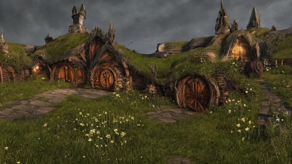 Image similar to wide shot of hobbiton in the style of dark souls, fromsoftware, elden ring, bloodborne