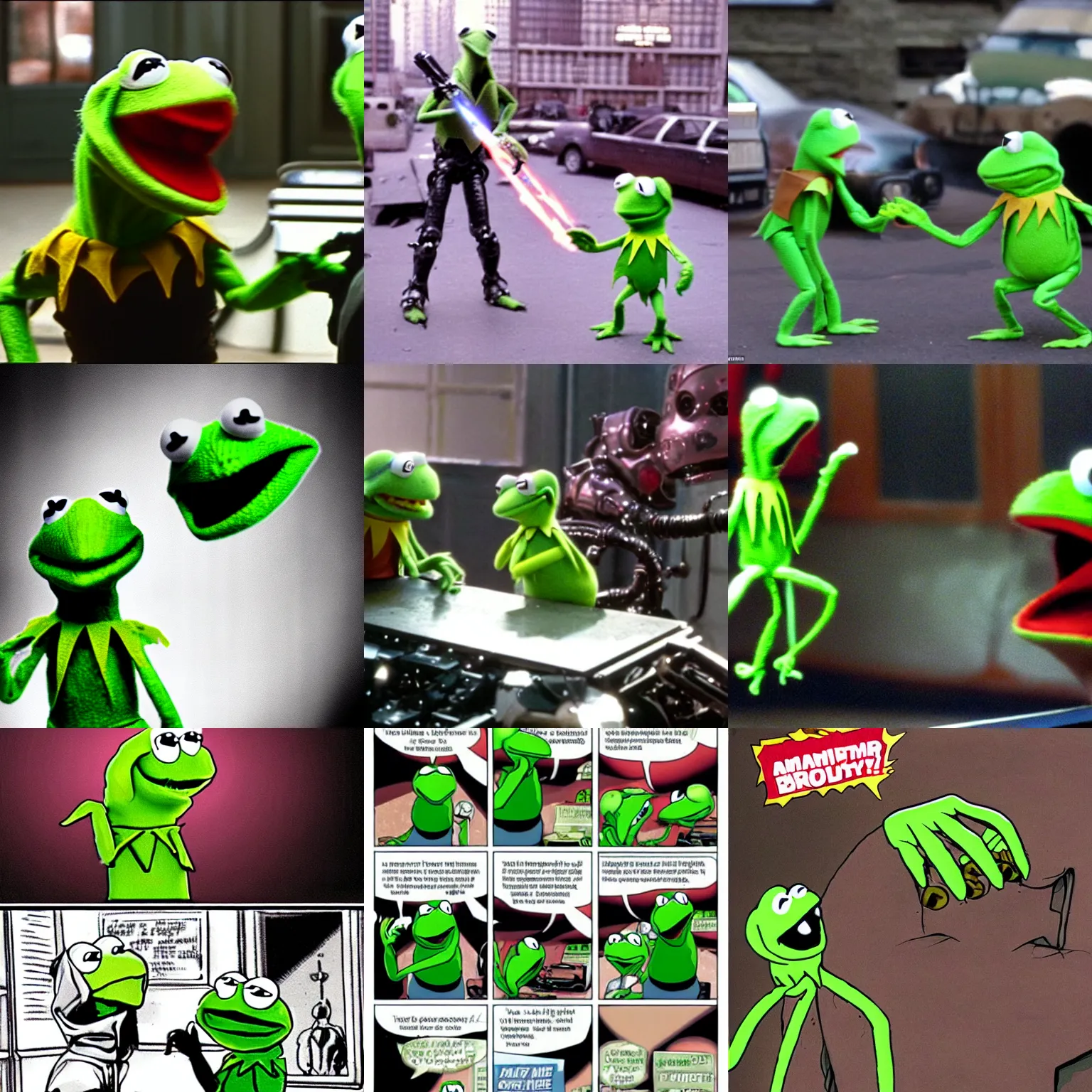 Prompt: epic battle Kermit the frog versus Terminator, still film