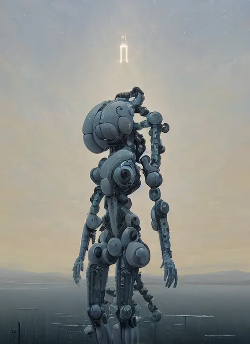 Image similar to an intricate oil painting of a giant pristine white humanoid feminine figure mecha with rounded components by simon stalenhag, inspired by nier : automata, clean white lab background