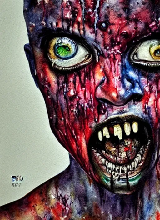 Image similar to african american zombie hollywood artwork professional acting headshot, hyperrealism, intricate detail, studio lighting, charming expression gesicht, hauntingly beautiful zombie, watercolor art, epic, legendary, drawn and painted, colored layers, dulled contrast, exquisite fine art, splatterpaint