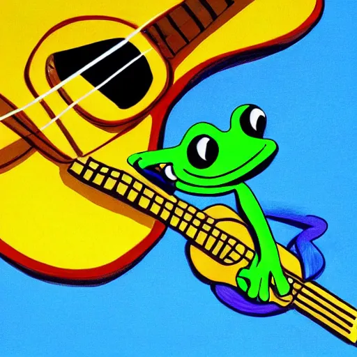 Image similar to frog playing on guitar, blue background, modern