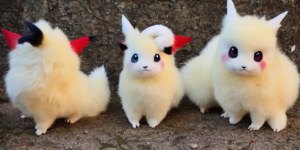 Prompt: real life pokemons, cute!!!, content!!!, mischievous!!!, adorable!!!, fluffy!!!, ultra realistic!!!, winter, golden hour, sharp focus