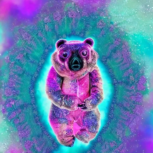 Image similar to tardigrade, water bear, covered in diamonds and pink fur, psychedelic, iridescent