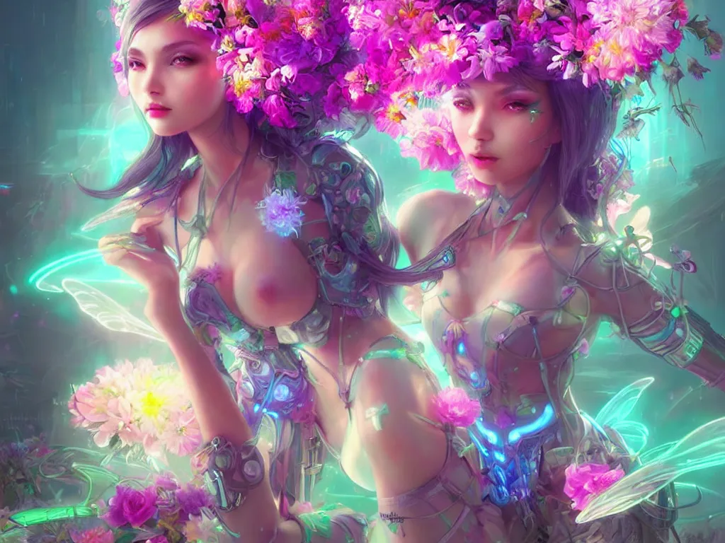 Image similar to a beautiful cyber fairy in a cyberpunk garden with neon flowers, elegant pose, realistic digital painting, artgerm, sakimichan, huang guangjian