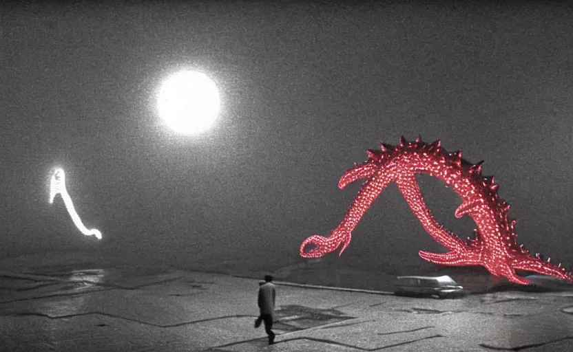 Image similar to light coming out of one starfish - like kaiju anthropomorphic monster, korean film noir by kim jong - il, korean traditional palace, pyongyang city, 1 9 6 0 s, red color bleed, 4 k, video compression, video glitch, monochrome, akira kurosawa, mamoru oshii, wes anderson, stanley kubrick