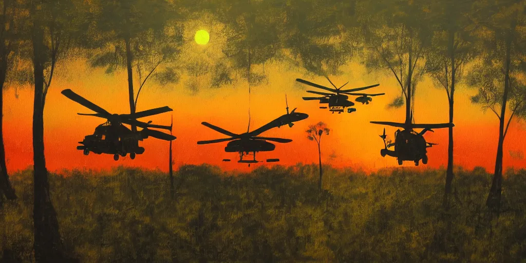 Image similar to Painting of vietnam Huey Helicopters, above a forest, orange sun set, abstract, realism, high details, glow, far, distance, over the horizon, drawn, 8k